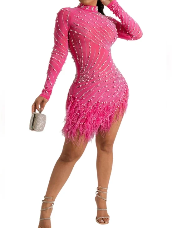 Nwt House Of Maguie Hot Pink Longsleeve Rhinestone,feathers & pearls Party Dress - Picture 1 of 16